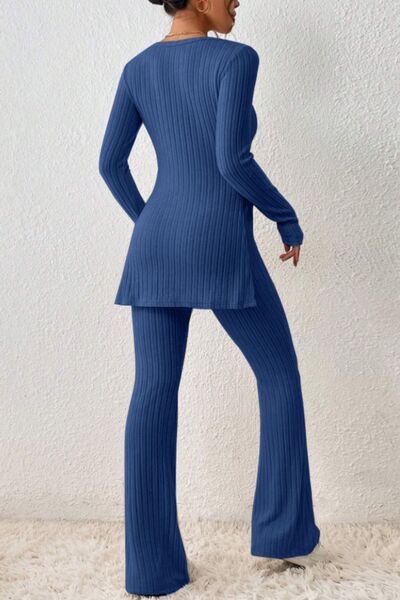 Ribbed Long Sleeve Slit Top and Bootcut Pants Set - Royal Blue