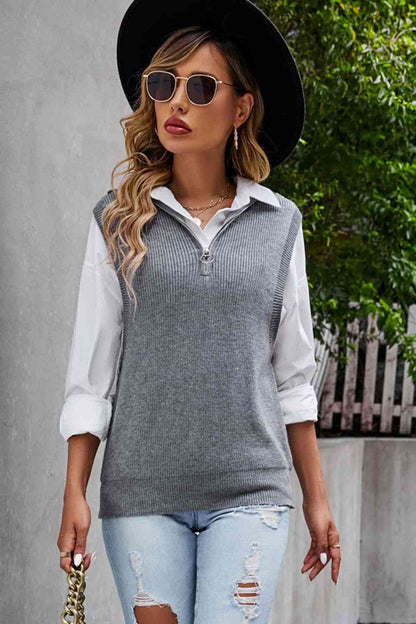 Quarter-Zip Ribbed Sweater Vest | AdoreStarr