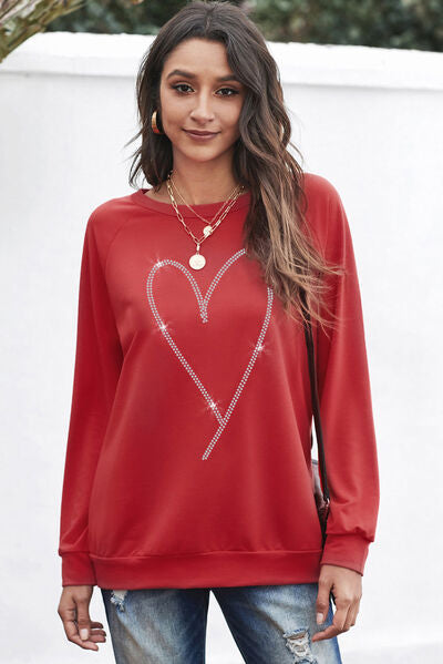 Heart Round Neck Long Sleeve Sweatshirt - Scarlet