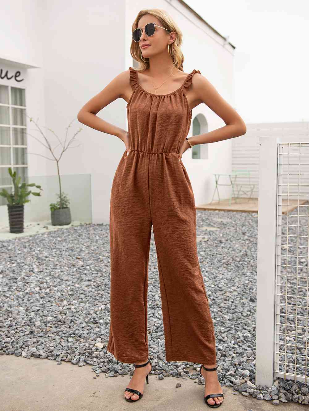 Round Neck Sleeveless Jumpsuit with Pockets | AdoreStarr