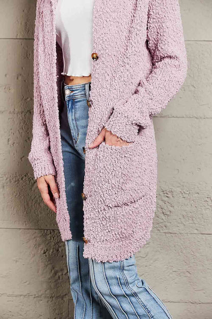 Popcorn-Knit Long Sleeve Hooded Cardigan | AdoreStarr