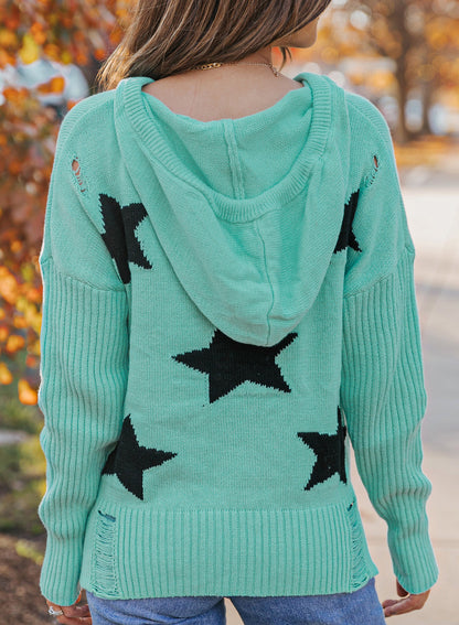 Star Distressed Slit Hooded Sweater - Green