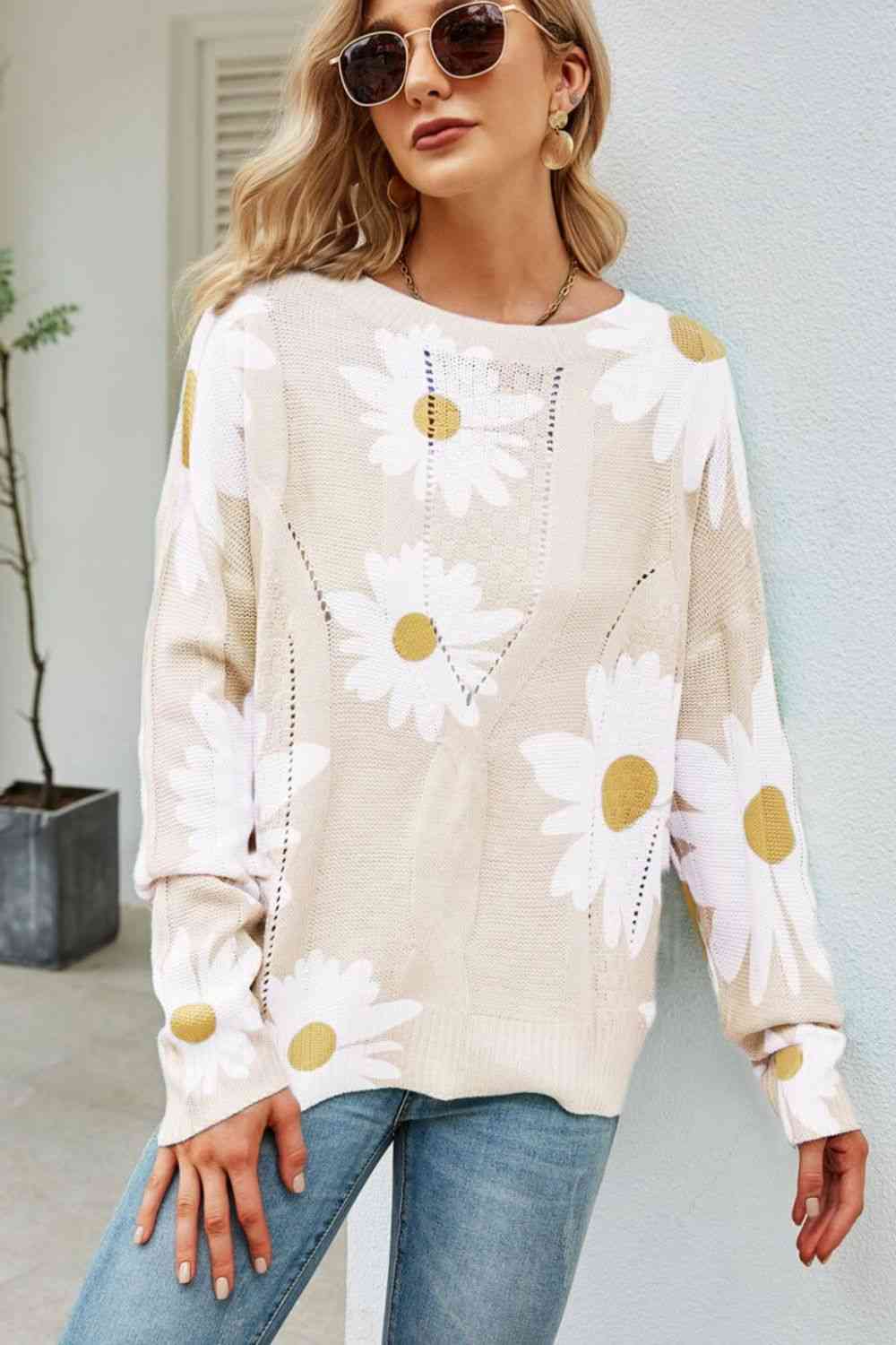 Daisy Print Openwork Round Neck Sweater | AdoreStarr