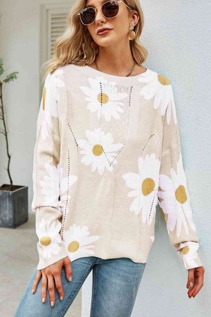 Daisy Print Openwork Round Neck Sweater | AdoreStarr