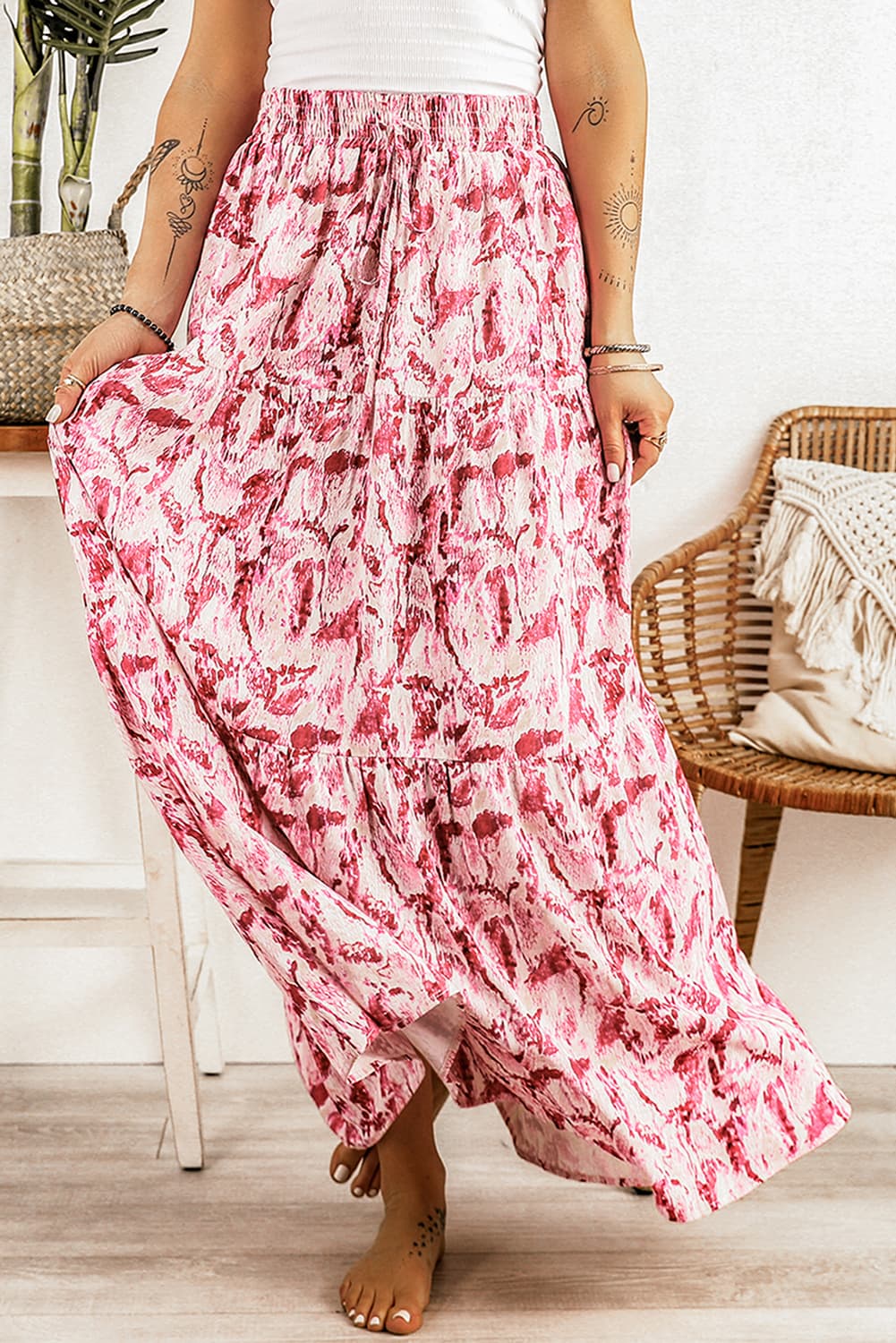 Printed Smocked Waist Maxi Skirt | AdoreStarr