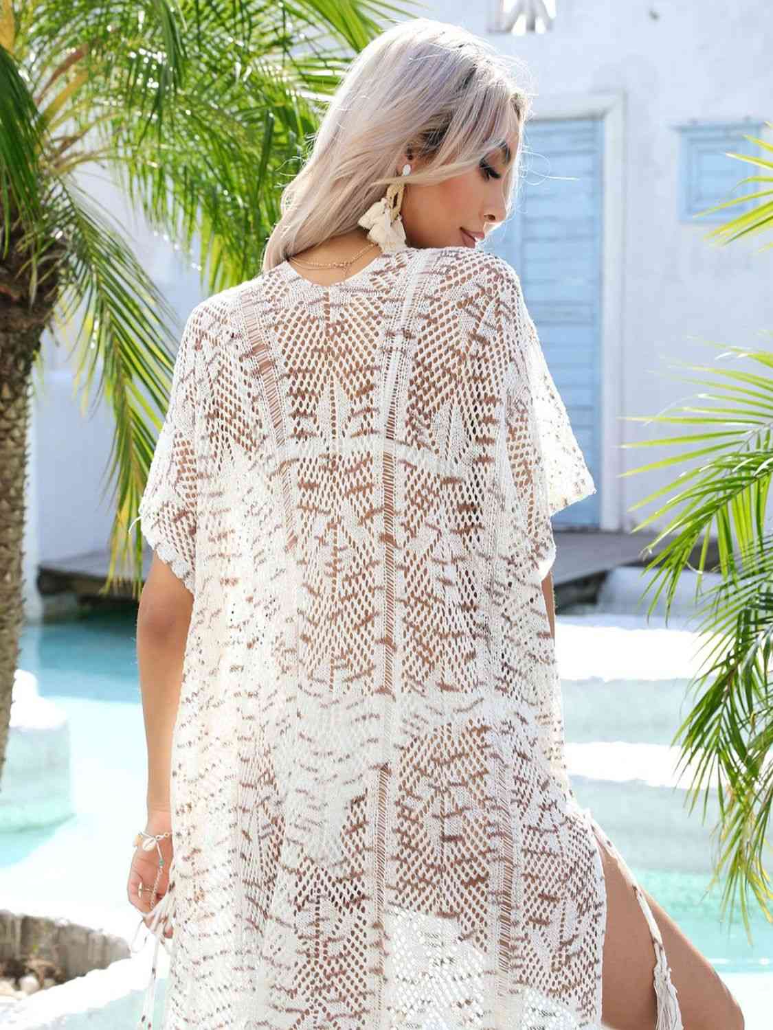 Multicolored Openwork Tassel Slit Cover-Up - White Brown One Size