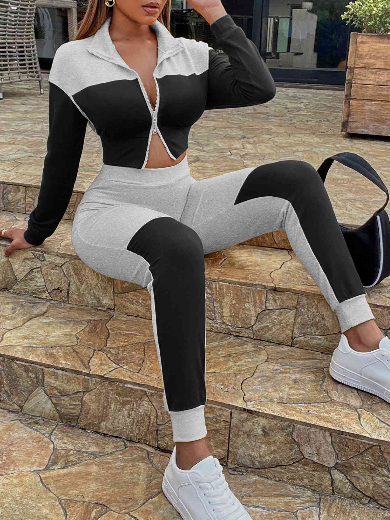 Two-Tone Collared Neck Top and Joggers Set | AdoreStarr