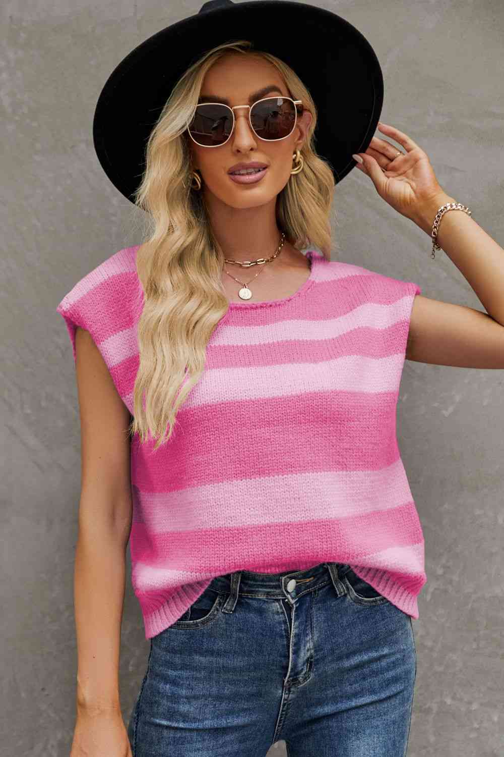 Striped Round Neck Cap Sleeve Knit Top | AdoreStarr