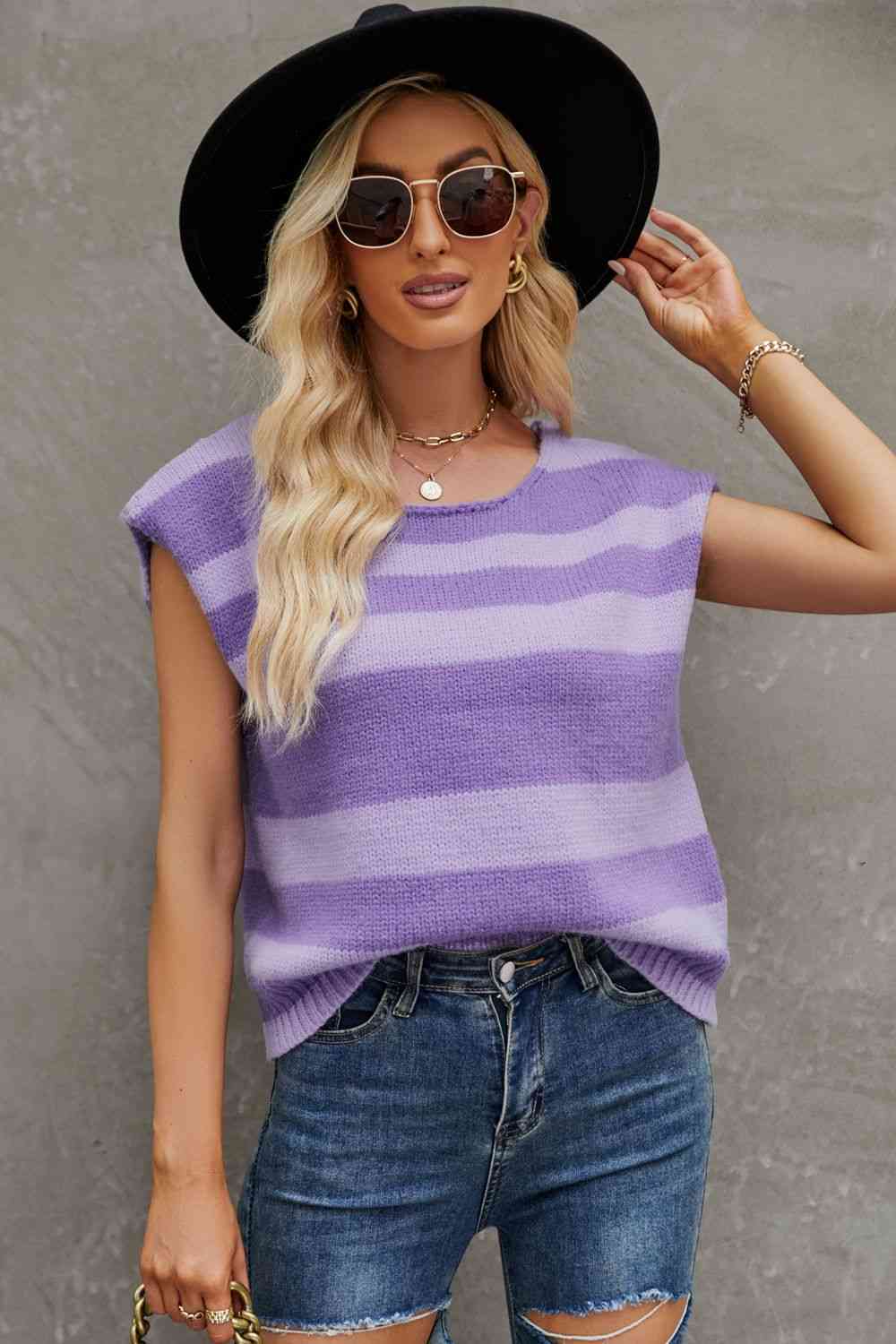 Striped Round Neck Cap Sleeve Knit Top | AdoreStarr