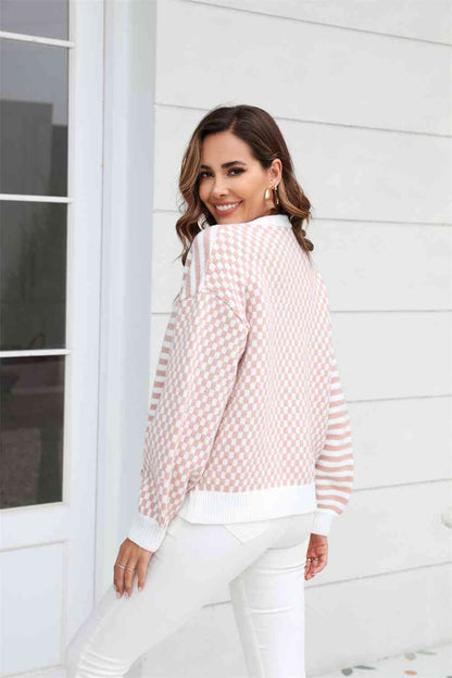 Button Down Contrast Pattern Cardigan - Pale Blush