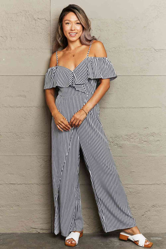 Striped Spaghetti Strap Cold-Shoulder Jumpsuit | AdoreStarr