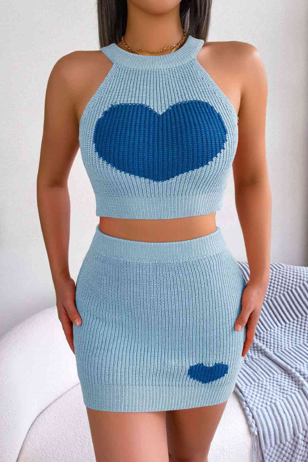 Heart Contrast Ribbed Sleeveless Knit Top and Skirt Set | AdoreStarr