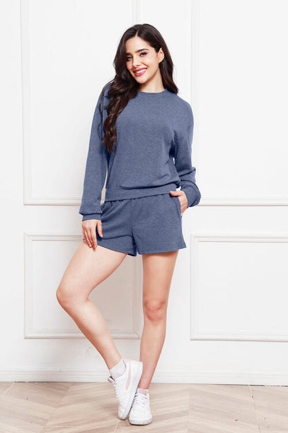 Round Neck Long Sleeve Top and Shorts Set | AdoreStarr