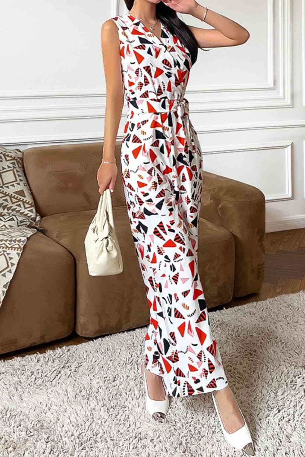 Printed Surplice Neck Sleeveless Jumpsuit | AdoreStarr