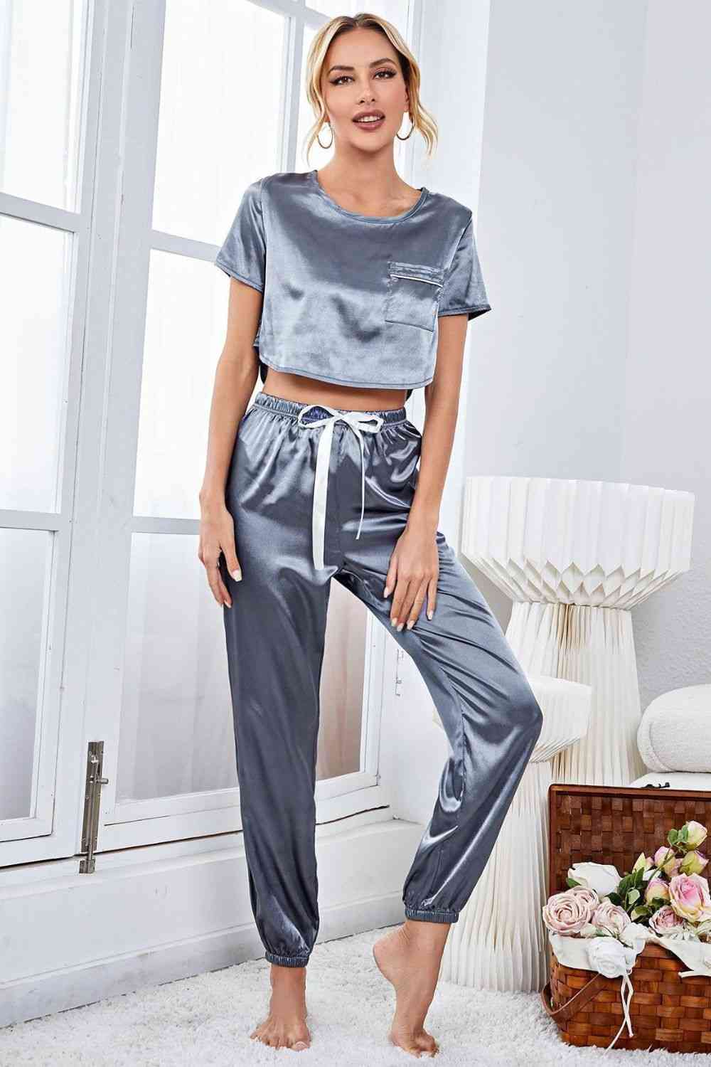 Satin Short Sleeve Crop Top and Joggers Lounge Set - Steel