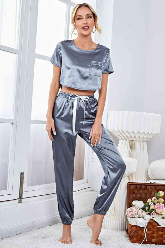 Satin Short Sleeve Crop Top and Joggers Lounge Set | AdoreStarr